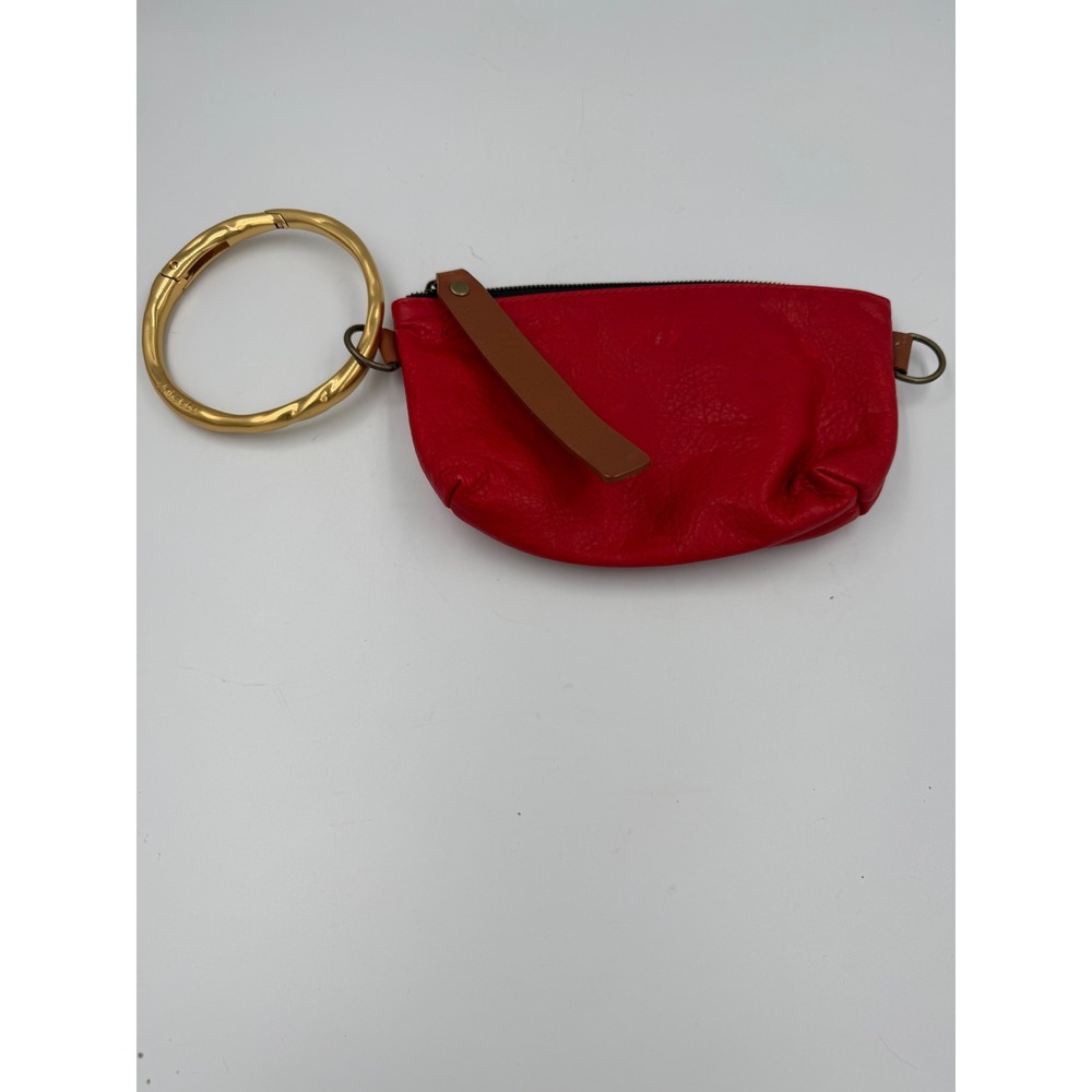 Parker Thatch Red Leather Wristlet Pouch Gold Ring Handle Zipper Clutch Bag - Picture 4 of 8